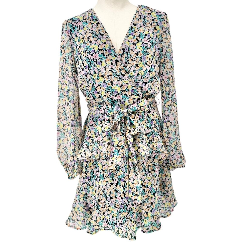 Leith Dress Womens M Blue Ditsy Floral Tie-Waist Ruffled Hem Sheer Long Sleeves